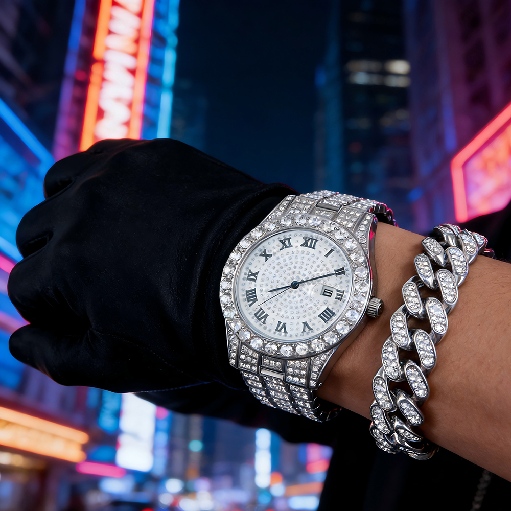 Luxury Watch Wallpaper - 1 Hip-hop Full Diamond Silver Quartz