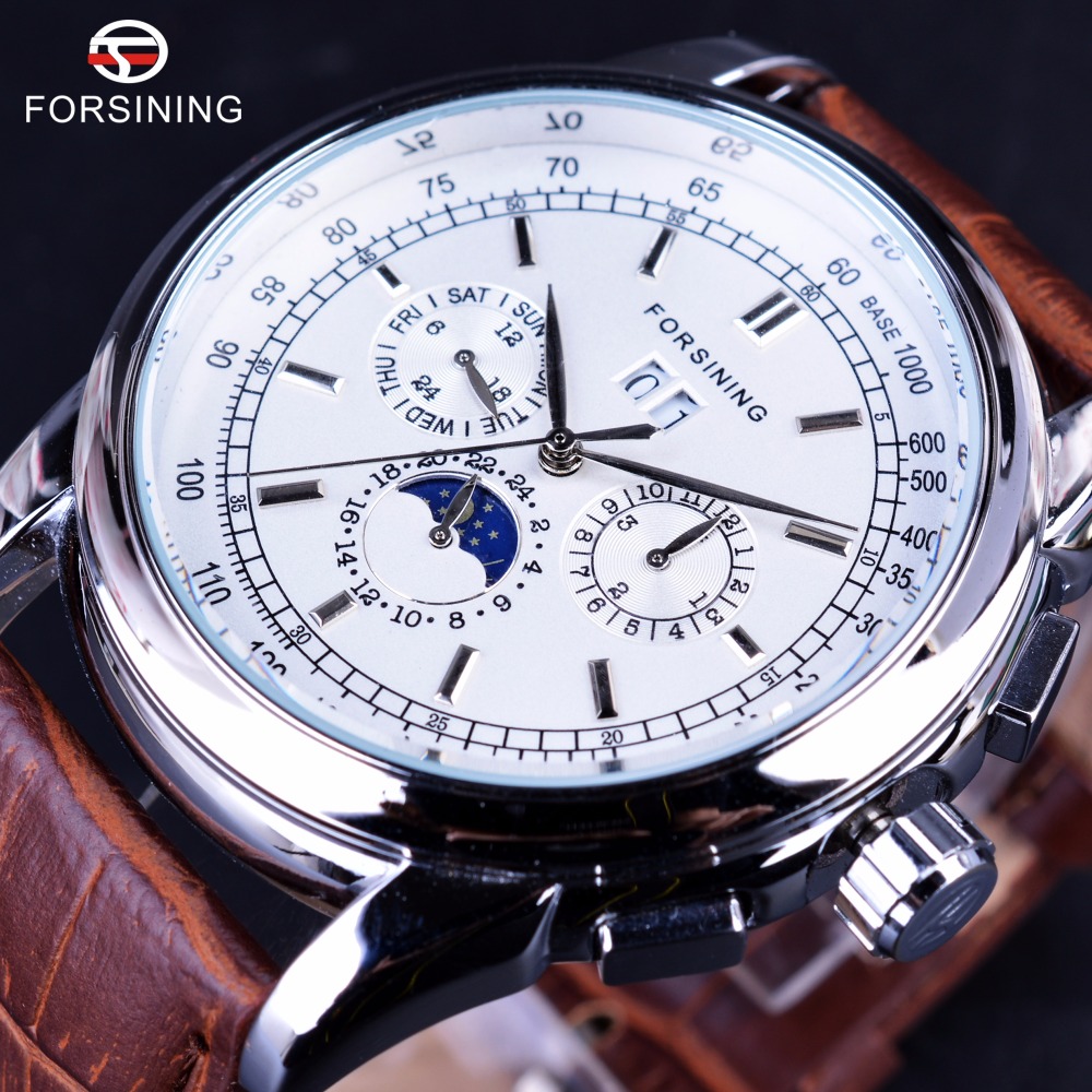 Luxury Watch Grade - Forsining Moonphase Calendar Display Brown Leather