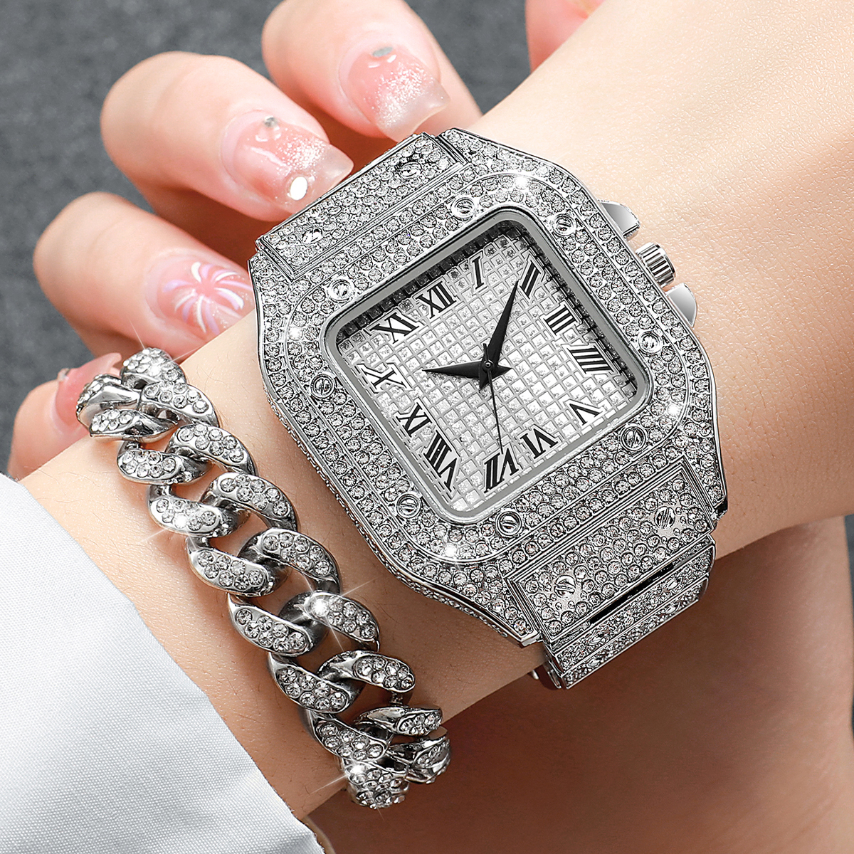 2PCS Iced Out Square Watch & C - Luxury Watch Wallpaper recension och pris
