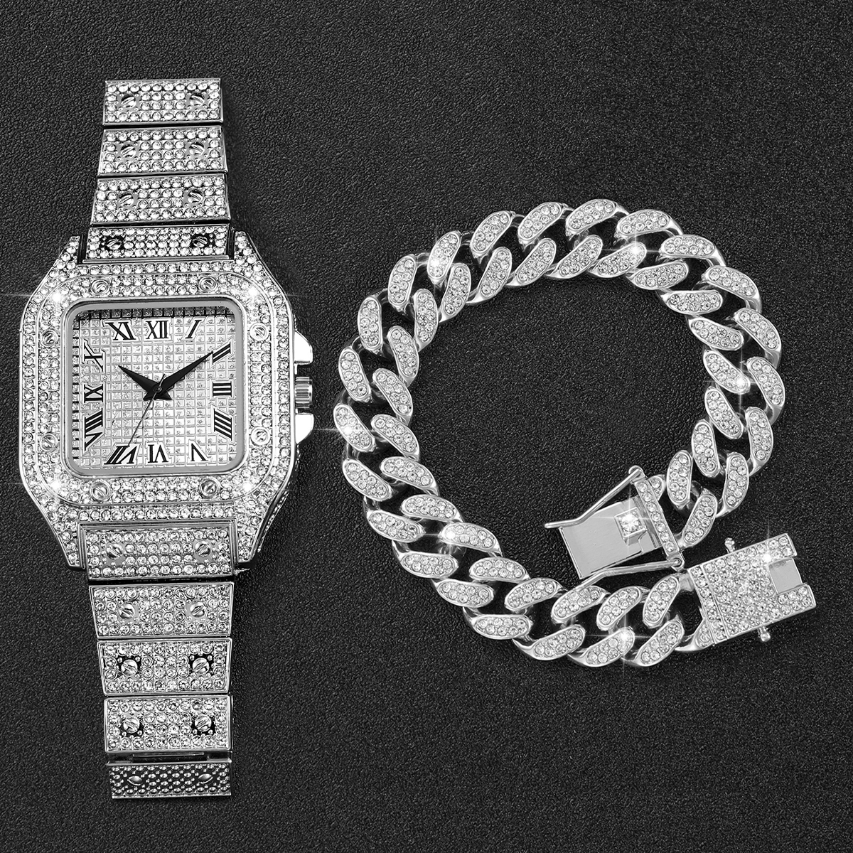 2PCS Iced Out Square Watch & C - Luxury Watch Wallpaper recension och pris
